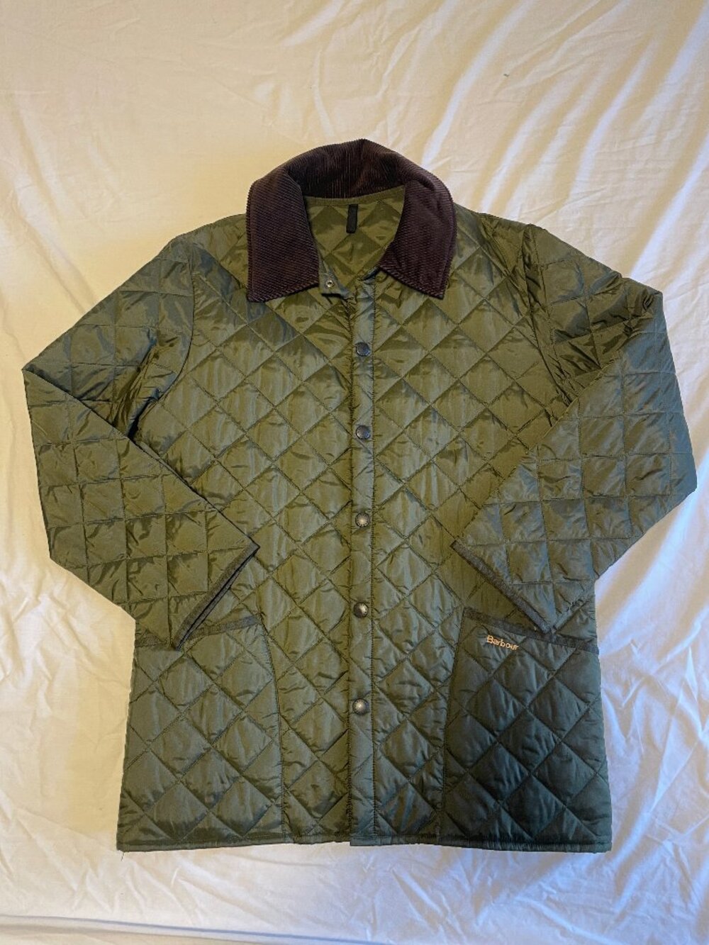 Barbour Heritage Liddesdale Quilted Green Jacket Brown Corduroy Collar Men SZ M